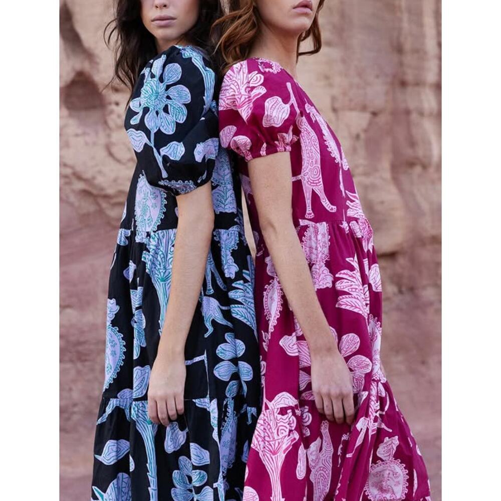 OLIPHANT Puff Sleeve Maxi Midi Dress Magenta Lamu Red Pink Tuckernuck XS - Picture 8 of 8
